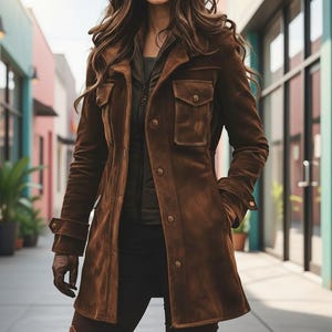 May include: A brown suede coat featuring a button-up design, two chest pockets, and buttoned cuffs. The coat is worn over a dark green top and black trousers. The image is taken in a colourful alleyway.