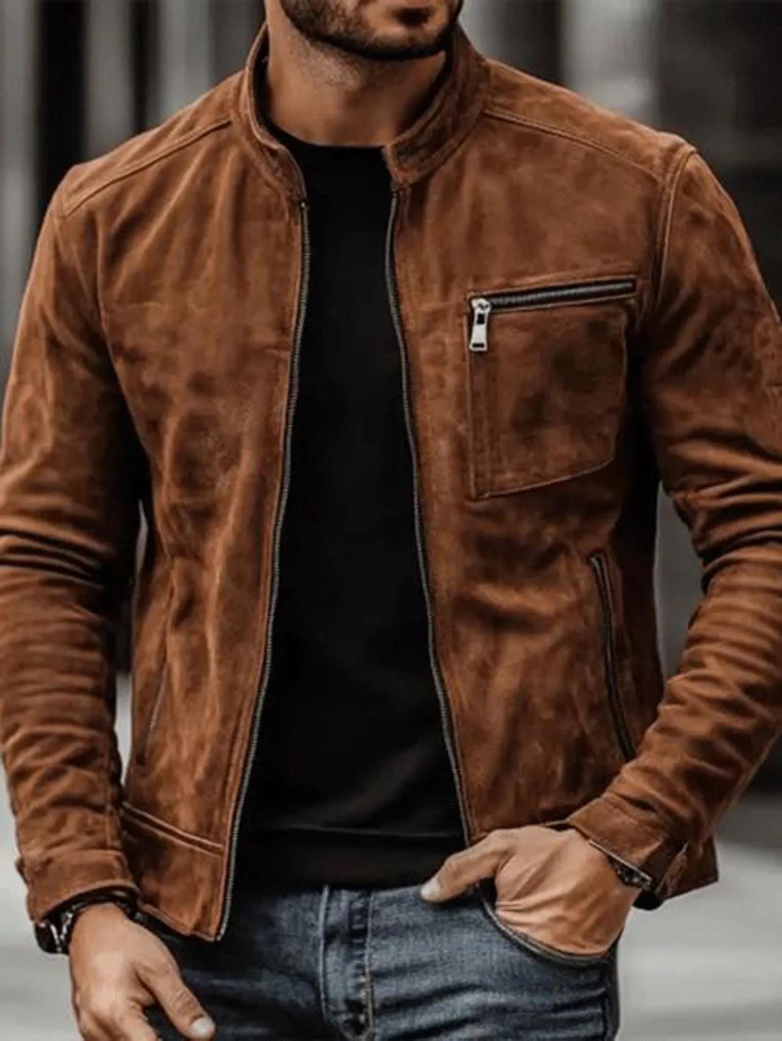 Men's Vintage Brown Suede Zip Pocket Stand Collar Motorcycle