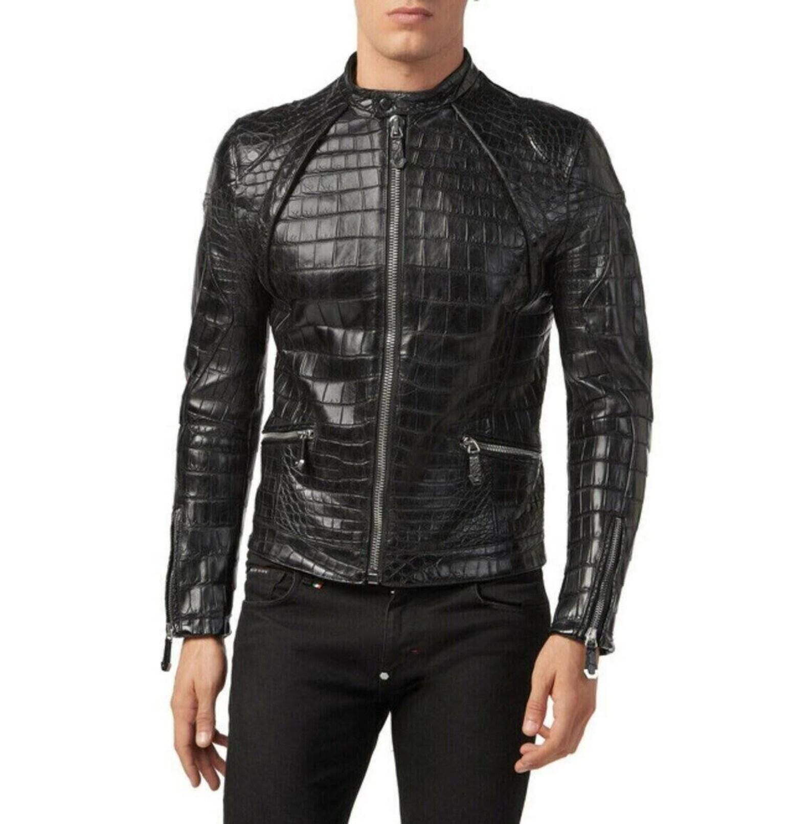 Men Black Crocodile Embossed Leather Jacket | Handmade Biker Style