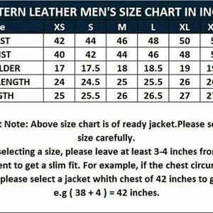 May include: A size chart for western leather jackets, displaying chest, waist, shoulder, sleeve length, and jacket length measurements in inches. Sizes range from XS to XXXL. Includes a note about selecting the correct size for a slim fit.