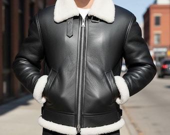 Men’s Black Shearling Aviator Jacket – Sheepskin Leather B3 Bomber