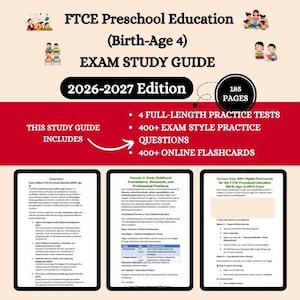 May include: Study guide for the FTCE Preschool Education exam, 2026-2027 edition. Includes 4 full-length practice tests, 400+ exam-style practice questions, and 400+ online flashcards. The guide has 185 pages. The text on the cover reads "FTCE Preschool Education (Birth-Age 4) EXAM STUDY GUIDE".