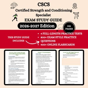 以下が含まれることがあります： CSCS認定ストレングス&コンディショニングスペシャリスト試験のスタディガイド。赤と白の表紙にタイトルと版年が表示されています。練習問題、質問、オンラインフラッシュカードが含まれています。246ページ。