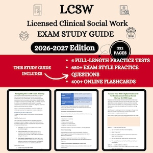 Puede incluir: Una guía de estudio para el examen LCSW, titulada "Licensed Clinical Social Work Exam Study Guide 2026-2027 Edition". Incluye 221 páginas, 4 pruebas de práctica completas, más de 650 preguntas de examen y 400+ tarjetas didácticas en línea.