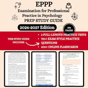 Könnte beinhalten: Ein Studienführer für die EPPP-Prüfung für professionelle Psychologiepraxis. Das Cover ist weiß und rot mit dem Titel "2026-2027 Edition". Der Leitfaden enthält 253 Seiten, 2 vollständige Übungstests, 750+ Prüfungsfragen und 400+ Online-Karteikarten.