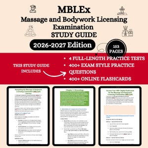 May include: A study guide for the Massage and Bodywork Licensing Examination (MBLEx), 2026-2027 edition. The cover features the title in bold black letters on a white background, with a red banner highlighting key features, including practice tests and flashcards. The guide has 153 pages.