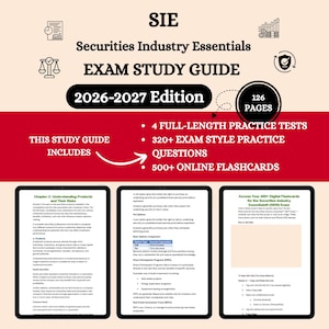 May include: A Securities Industry Essentials exam study guide for the 2026-2027 edition, featuring 126 pages, 4 full-length practice tests, 320+ exam style practice questions, and 500+ online flashcards, displayed with three sample study pages.