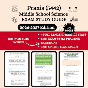 May include: A study guide for the Praxis (5442) Middle School Science exam, 2026-2027 edition. The cover features the title in bold black text over a red background. Includes 171 pages, 4 practice tests, 500+ exam questions, and 400+ online flashcards.
