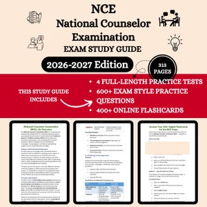 May include: A study guide for the National Counselor Examination (NCE) with the text "2026-2027 Edition." The guide includes 313 pages, 4 full-length practice tests, 600+ exam-style practice questions, and 400+ online flashcards. The guide is on a white background.