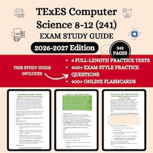 Peut inclure: Un guide d'étude pour l'examen TEXES Computer Science 8-12 (241), édition 2026-2027. La couverture est blanche avec du texte noir et une bannière rouge. Comprend 242 pages, 4 tests pratiques complets, 400+ questions et 400+ flashcards en ligne.