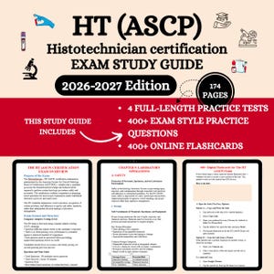 May include: A study guide for the HT (ASCP) Histotechnician certification exam, 2026-2027 edition. The guide includes 174 pages, 4 full-length practice tests, 400+ exam-style practice questions, and 400+ online flashcards. The guide is designed to help students prepare for the exam.