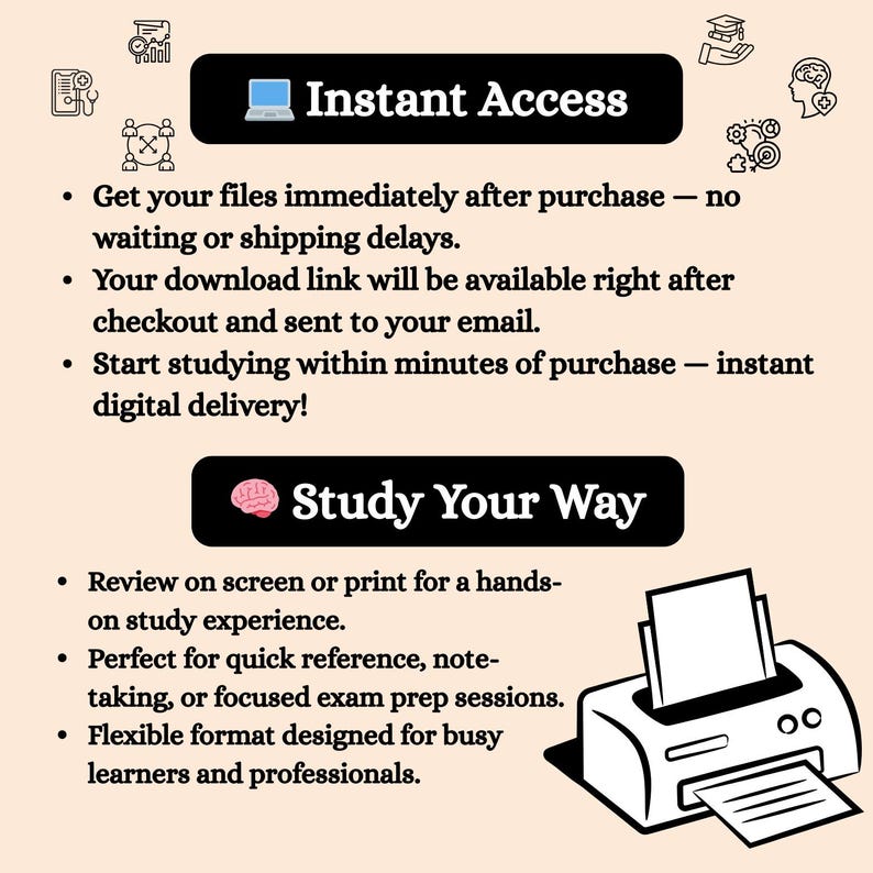 May include: An image with the text "Instant Access" and "Study Your Way". The image also includes a laptop icon, a brain icon, and a printer icon. The text describes digital delivery and study options.
