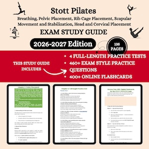 May include: A study guide for Stott Pilates, featuring the title "Exam Study Guide 2026-2027 Edition." The cover is red and white, with text detailing the guide's contents, including practice tests, questions, and online flashcards. Three tablets display sample content.