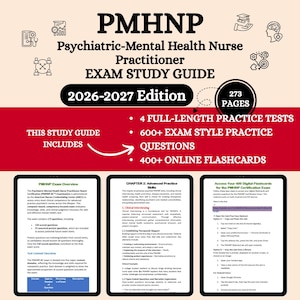 May include: A study guide for the Psychiatric-Mental Health Nurse Practitioner (PMHNP) exam. The cover displays the title, edition, and a list of resources: practice tests, exam-style questions, and online flashcards. The guide is 273 pages.