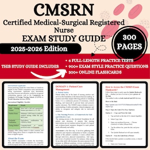 May include: A study guide for the CMSRN exam, 2025-2026 edition, with 300 pages. The cover features the text "CMSRN Certified Medical-Surgical Registered Nurse EXAM STUDY GUIDE" in black and white. Includes practice tests and flashcards.