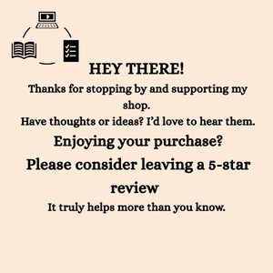 May include: A beige graphic with the text "HEY THERE!" and a message thanking customers for their support. It encourages leaving a 5-star review. Icons of a laptop, books, and a checklist are at the top.