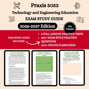 Könnte beinhalten: Ein Praxis 5053 Technology and Engineering Education Prüfungsvorbereitungsbuch, Ausgabe 2026-2027. Der Leitfaden umfasst 206 Seiten, 3 vollständige Übungstests, über 360 Übungsfragen und 400 Online-Lernkarten, dargestellt mit drei Beispielseiten.