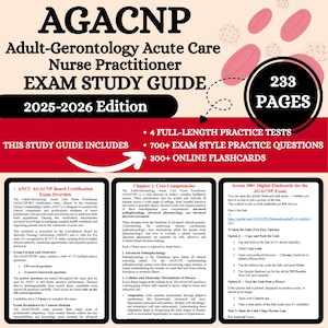 Op de afbeelding: Een studiehandleiding voor het AGACNP-examen, getiteld "Adult-Gerontology Acute Care Nurse Practitioner Exam Study Guide 2025-2026 Edition." De omslag bevat 233 pagina's, 4 volledige oefentests en 700+ examenvragen.
