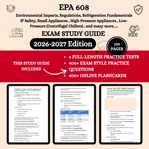 Puede incluir: Guía de estudio del examen EPA 608, edición 2026-2027, con 124 páginas. Incluye 4 pruebas de práctica completas, más de 400 preguntas de estilo de examen y más de 400 tarjetas didácticas en línea. Cubre impactos ambientales y refrigeración.