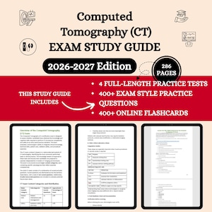 Pode incluir: Um guia de estudo para o exame de Tomografia Computorizada (TC), edição 2026-2027. A capa é branca com texto vermelho e preto. O guia inclui 286 páginas, 4 testes práticos completos, mais de 400 questões de exame e mais de 400 flashcards online.