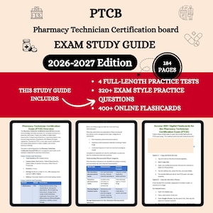 Könnte beinhalten: Ein PTCB Pharmacy Technician Certification Board Prüfungsvorbereitungsbuch für die Ausgabe 2026-2027. Es enthält 184 Seiten, 4 vollständige Übungstests, über 320 prüfungsrelevante Fragen und 400 Online-Lernkarten mit drei Beispielseiten.
