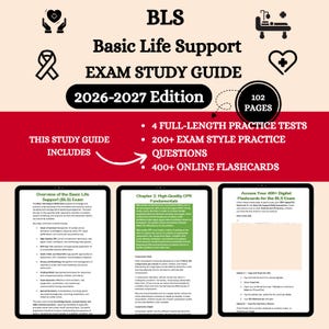 Puede incluir: Una guía de estudio para el examen BLS Basic Life Support edición 2026-2027 con 102 páginas, 4 exámenes de práctica completos, más de 200 preguntas de estilo examen y 400 tarjetas de memoria en línea, junto a tres páginas de contenido.