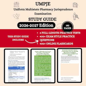 Puede incluir: Una guía de estudio para el examen Uniform Multistate Pharmacy Jurisprudence Examination (MPJE) 2026-2027 con 182 páginas, 4 exámenes de práctica completos, más de 400 preguntas de examen y más de 400 tarjetas digitales, con tres páginas.