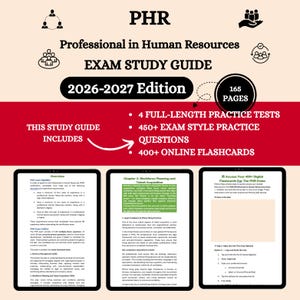 May include: A PHR Professional in Human Resources exam study guide for the 2026-2027 edition. The cover features black text on a cream and red background, highlighting 165 pages, 4 full-length practice tests, 450+ exam style questions, and 400+ online flashcards.