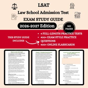 May include: A 2026-2027 edition LSAT Law School Admission Test study guide featuring 160 pages, 4 full-length practice tests, 400+ exam style practice questions, and 400+ online flashcards, displayed with three sample pages of text content.
