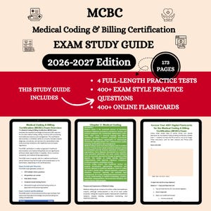 Op de afbeelding: Een 2026-2027 editie studiegids voor medische codering en facturatiecertificering met 173 pagina's, 4 volledige oefentoetsen, 400+ examenvragen en 400+ online flashcards, weergegeven met drie voorbeelden van de binnenpagina's.