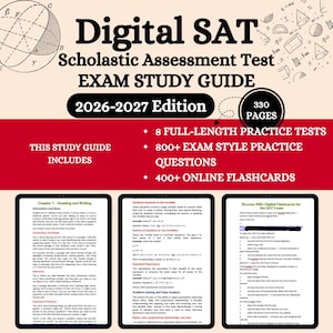 Puede incluir: Una guía de estudio para el examen SAT digital para la edición 2026-2027. La portada presenta el título, un gráfico de globo y el texto "330 páginas". Incluye 8 exámenes de práctica completos, 800+ preguntas de práctica y 400+ tarjetas didácticas en línea.