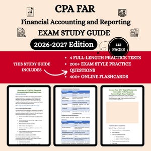 May include: CPA FAR Financial Accounting and Reporting Exam Study Guide 2026-2027 Edition. Includes 112 pages, 4 full-length practice tests, 200+ exam style practice questions, and 400+ online flashcards. Features three sample pages of study content.