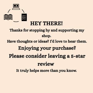 May include: A beige graphic with the text "HEY THERE!" and a message thanking customers for their support. It encourages leaving a 5-star review and includes icons of a laptop, books, and a checklist.
