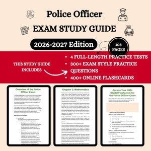 Op de afbeelding: Een studiehandleiding voor het politieagentexamen, editie 2026-2027. De omslag is rood en wit, met de titel en belangrijkste kenmerken. Bevat 4 volledige oefentests, 300+ examenstijlvragen en 400+ online flashcards. De gids heeft 108 pagina's.
