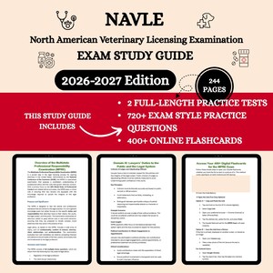 May include: A red and white study guide for the North American Veterinary Licensing Examination (NAVLE). The guide includes 2 full-length practice tests, 720+ exam-style practice questions, and 400+ online flashcards. The edition is for 2026-2027.