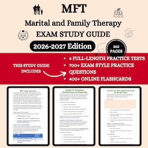 Puede incluir: Una guía de estudio para el examen de Terapia Matrimonial y Familiar (MFT). La portada es blanca y roja con el título "EXAM STUDY GUIDE 2026-2027 Edition." Incluye 262 páginas, 4 pruebas de práctica, 700+ preguntas de examen y 400+ tarjetas didácticas en línea.
