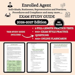 Op de afbeelding: Een studiehandleiding voor het Enrolled Agent-examen, getiteld "Exam Study Guide 2026-2027 Edition". De omslag bevat informatie over oefentests, vragen en online flashcards. De gids is 250 pagina's lang.