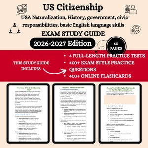 Könnte beinhalten: Ein Studienführer für die US-Staatsbürgerschaftsprüfung, Ausgabe 2026-2027. Das rot-weiße Cover enthält den Titel, die Prüfungsthemen und eine Liste der Funktionen: Übungstests, Fragen und Online-Karteikarten. Drei digitale Bildschirme werden darunter angezeigt.