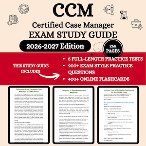 May include: A study guide for the Certified Case Manager (CCM) exam. The cover features the acronym "CCM" in bold black letters above the title, "Certified Case Manager EXAM STUDY GUIDE 2026-2027 Edition." Includes 265 pages, 5 practice tests, and online flashcards.