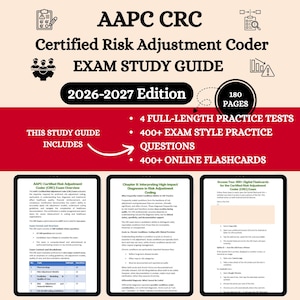 May include: A study guide for the AAPC CRC Certified Risk Adjustment Coder exam. The cover is white and red with the title and edition year. Includes 180 pages, 4 full-length practice tests, 400+ exam style practice questions, and 400+ online flashcards.