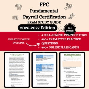 以下が含まれることがあります： FPC（基本給与計算認定）試験のスタディガイド。表紙には「Fundamental Payroll Certification Exam Study Guide 2026-2027 Edition」と記載されています。164ページ、練習問題、試験問題、オンラインフラッシュカードが含まれています。
