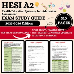 May include: HESI A2 Exam Study Guide 2025-2026 Edition. This study guide includes 4 full-length practice tests, 1200+ exam-style practice questions, and a 90-day study schedule. The book has 310 pages and covers topics like mathematics, vocabulary, and anatomy.