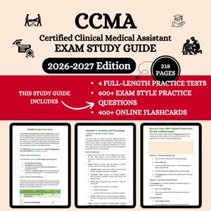Könnte beinhalten: Ein Studienführer für die Prüfung zum Certified Clinical Medical Assistant (CCMA). Das Cover zeigt den Titel "CCMA Certified Clinical Medical Assistant EXAM STUDY GUIDE 2026-2027 Edition". Enthält 218 Seiten, 4 vollständige Übungstests, 600+ Prüfungsfragen und 400+ Online-Karteikarten.