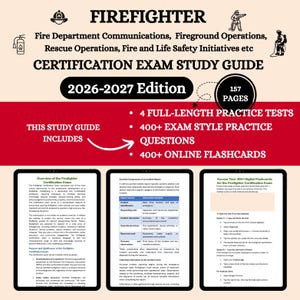 May include: A study guide for the Firefighter Certification Exam, 2026-2027 Edition. The guide includes 157 pages, 4 full-length practice tests, 400+ exam-style practice questions, and 400+ online flashcards. The cover is white with red and black text.