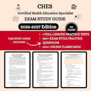 Puede incluir: Una guía de estudio para el examen de Especialista Certificado en Educación para la Salud (CHES), edición 2026-2027. La portada es roja y blanca con el texto "CHES" y "Exam Study Guide". Incluye 4 pruebas de práctica completas, 660+ preguntas y 400+ tarjetas didácticas en línea.