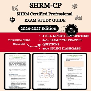 Może przedstawiać: Przewodnik do egzaminu SHRM-CP, zatytułowany "SHRM Certified Professional Exam Study Guide 2026-2027 Edition". Zawiera 210 stron, 4 pełne testy praktyczne, 540+ pytań egzaminacyjnych i 400+ fiszek online.