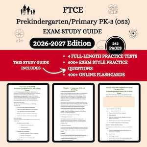 May include: A study guide for the FTCE Prekindergarten/Primary PK-3 (053) exam. The cover features the title, edition year, and a list of included resources: practice tests, questions, and online flashcards. The guide is 242 pages long.