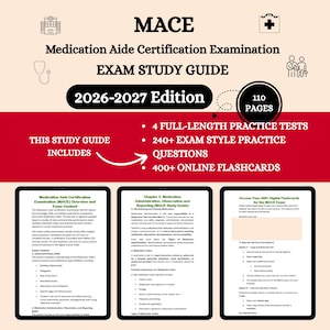 Puede incluir: Una guía de estudio para el Examen de Certificación de Asistente de Medicación (MACE). La portada presenta el título "MACE Exam Study Guide 2026-2027 Edition" con iconos y texto. Incluye 4 pruebas de práctica completas, 240+ preguntas de examen y 400+ tarjetas didácticas en línea.