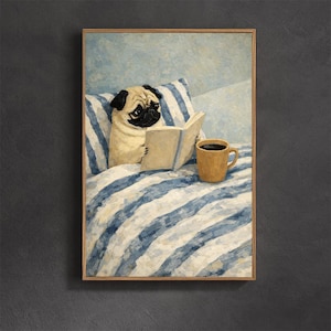 Reading Pug Framed Decorative Painting, Cozy Bedroom Wall Art, Cute Dog Print with Coffee, Pet Lover Gift, Relaxing Home Decor