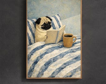 Reading Pug Framed Decorative Painting, Cozy Bedroom Wall Art, Cute Dog Print with Coffee, Pet Lover Gift, Relaxing Home Decor